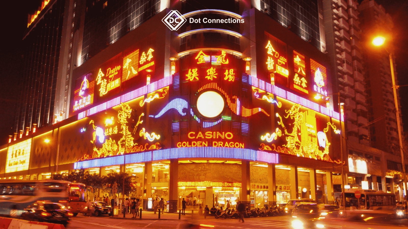 Casino Golden Dragon illuminated at night – a symbol of Macau's satellite casino era coming to an end