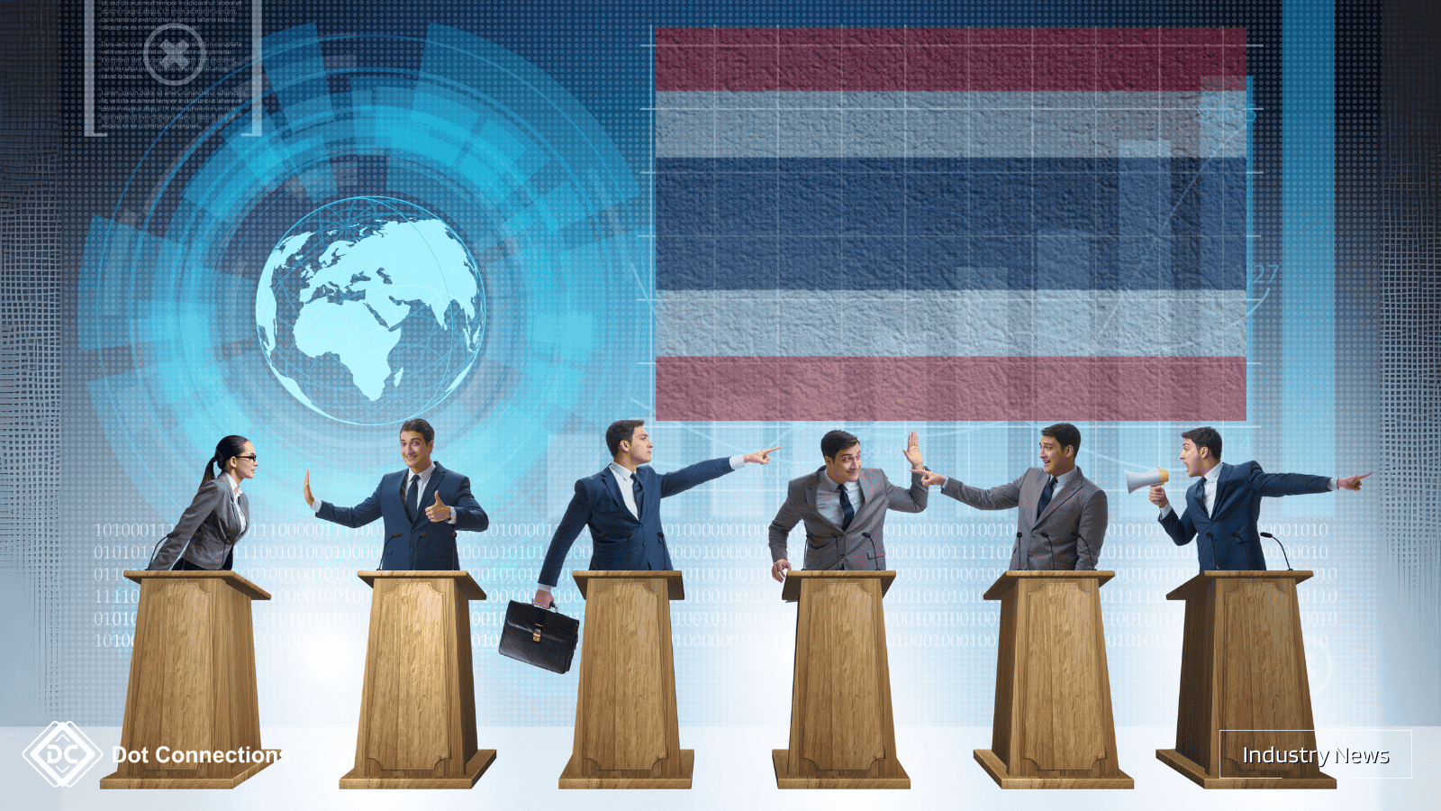 Six suited Thai politicians standing behind podiums in a tense debate over the proposed casino resort bill.