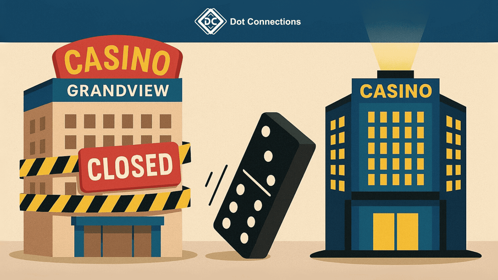 Illustration showing Grandview Casino marked as closed and triggering a domino effect on other casinos