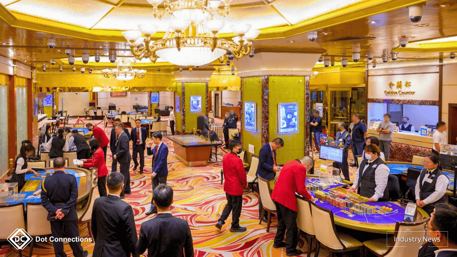Macau casino update headline overlaid on a bustling gaming floor at Grandview Casino.