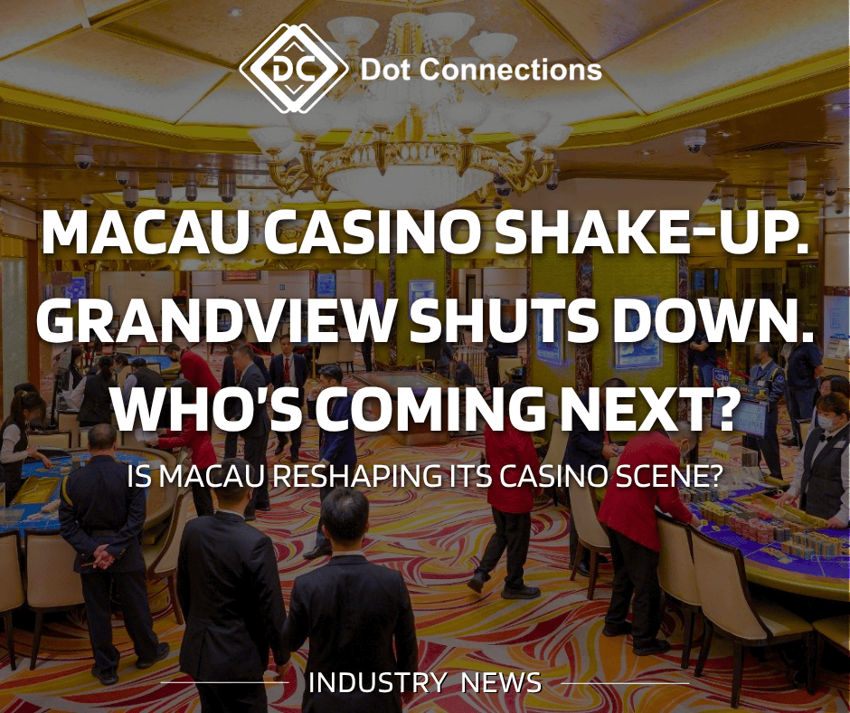Interior view of a Macau casino with guests and dealers at gaming tables, overlaid with news headline text about Grandview Casino's shutdown.