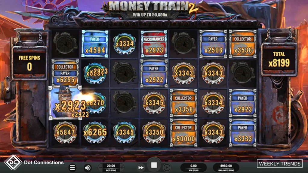 Money Train 2 slot gameplay with massive multipliers and bonus features showcased on screen.