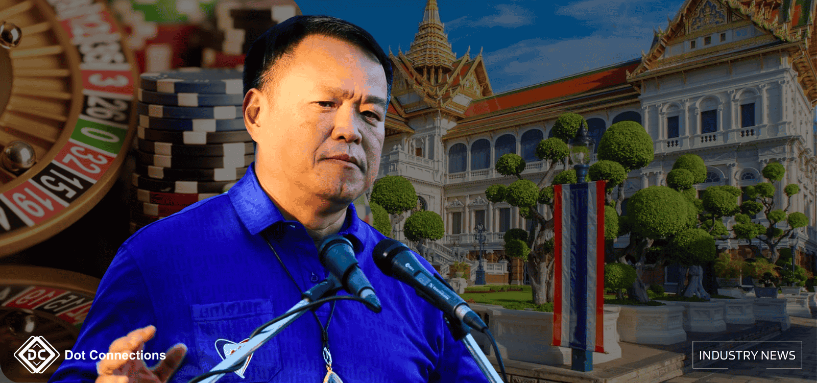 New Thai Prime Minister Anutin Charnvirakul speaking, with casino chips and roulette wheel background, symbolizing Thailand’s casino bill cancellation