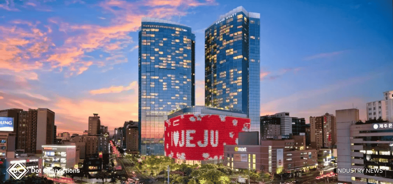 Jeju Dream Tower casino hotel in South Korea illuminated at night.