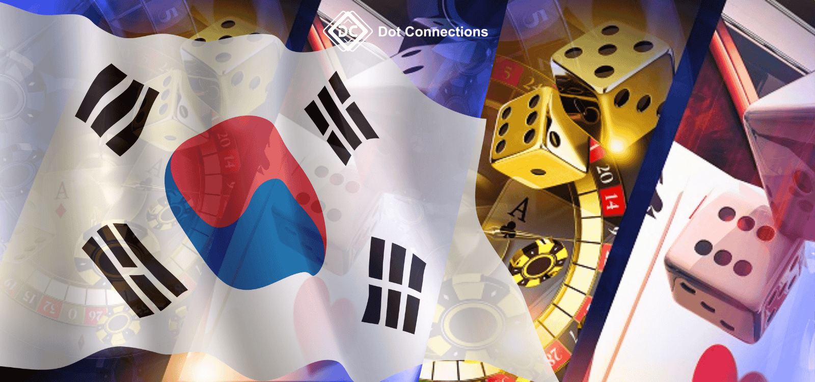 South Korea flag overlay with casino elements including dice, roulette, and playing cards.