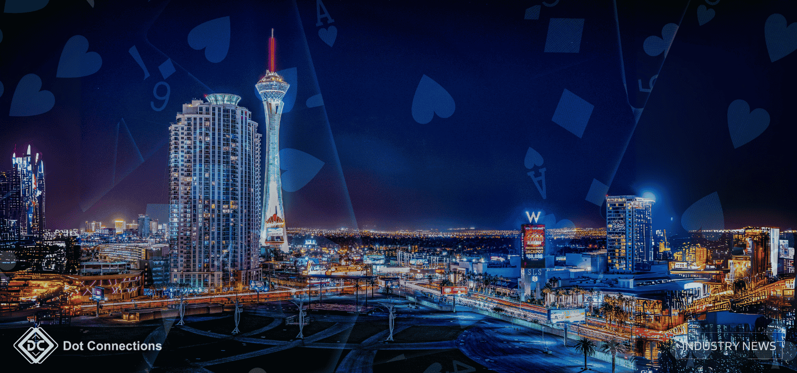Night skyline with casino landmarks and playing-card icons overlay; Dot Connections logo; Industry News banner for the iGaming and casino market.