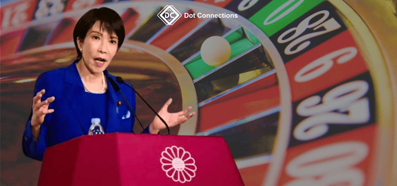 The Japan's new Prime Minister Sanae Takaichi speaks at a podium, set against a roulette wheel background.