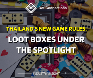 Thailand loot box regulation illustration with glowing headline over game pieces