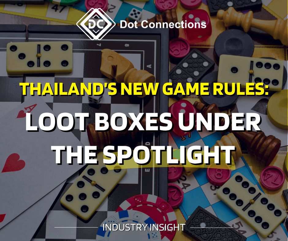 Thailand loot box regulation illustration with glowing headline over game pieces