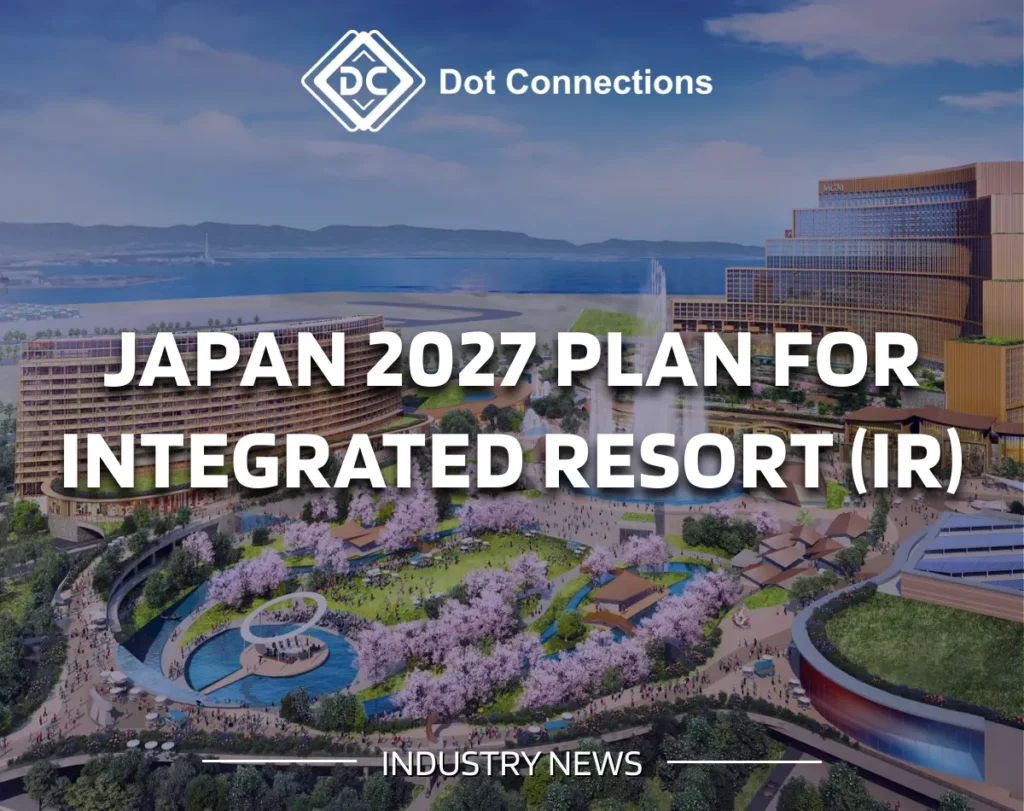Concept rendering of a coastal integrated resort with hotels, fountains and a landscaped plaza — Japan IR 2027 hero image.