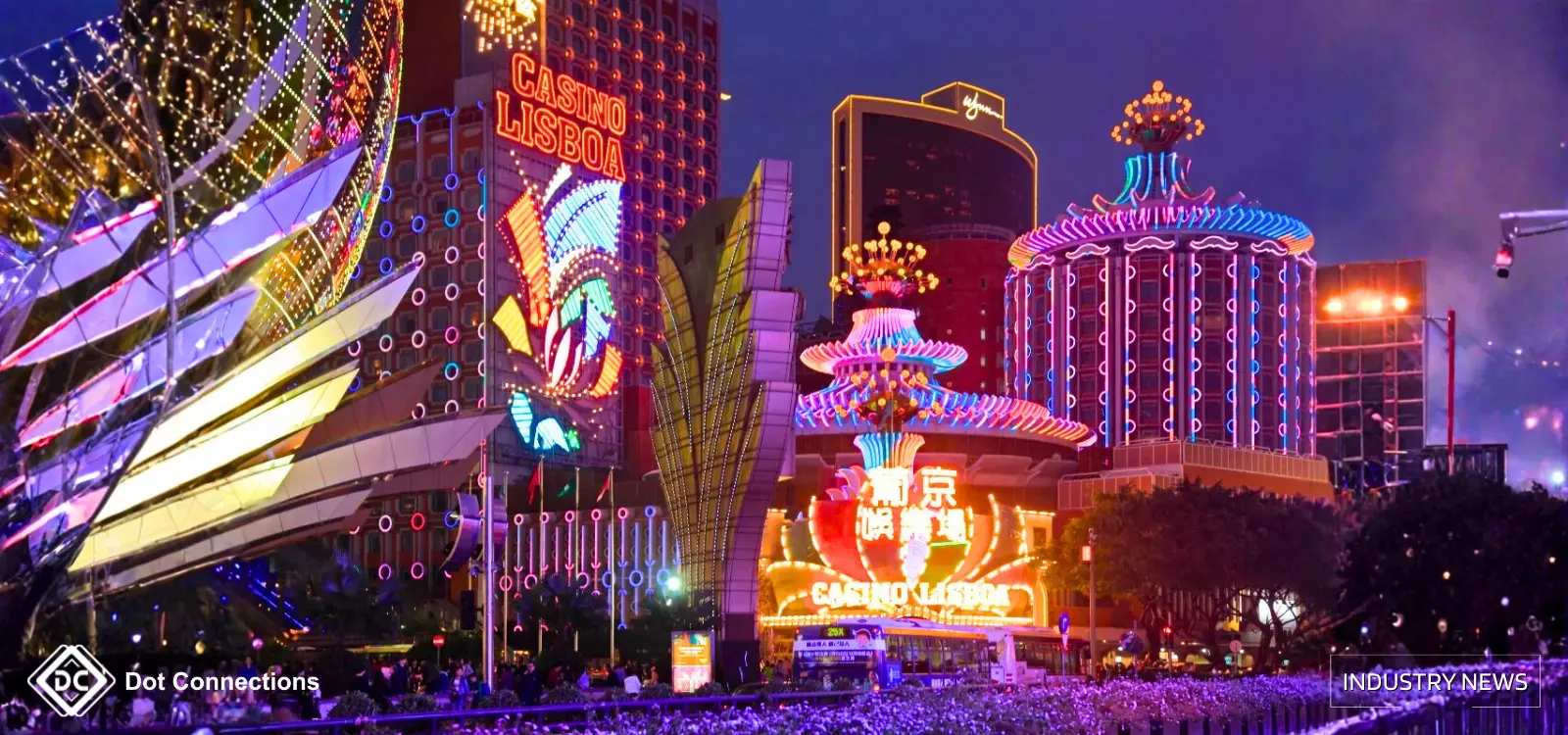 Neon-lit Casino Lisboa and Venetian facades at night — Macau 2025 GGR