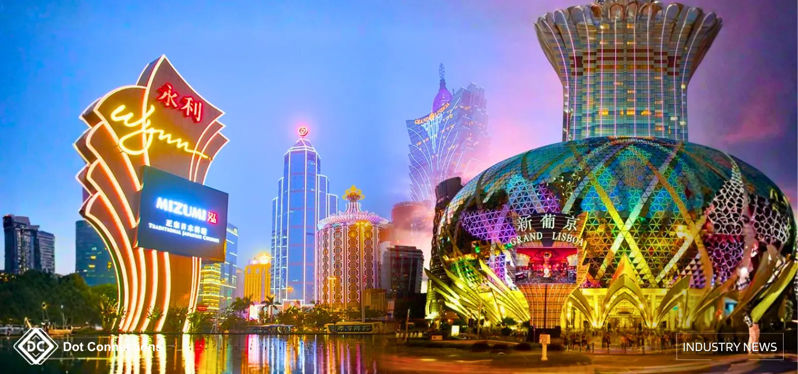 Iconic Macau hotel façades and neon signs at dusk with colorful reflections.