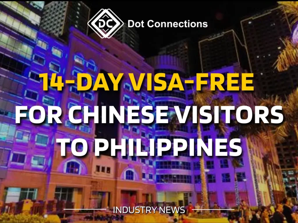 Headline banner reading “14-day visa-free for Chinese visitors to Philippines” over casino backdrop — Philippines 14-day visa-free for Chinese visitors.