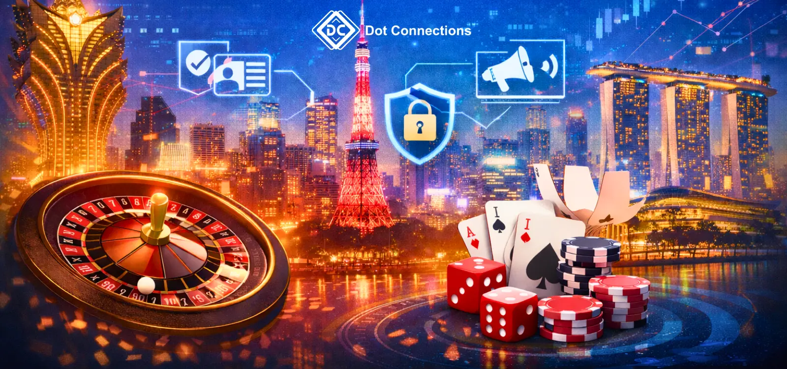 Illustration of the APAC iGaming market with Asian city skyline landmarks, roulette wheel, poker chips, dice, cards, and icons representing KYC, security, and advertising compliance.