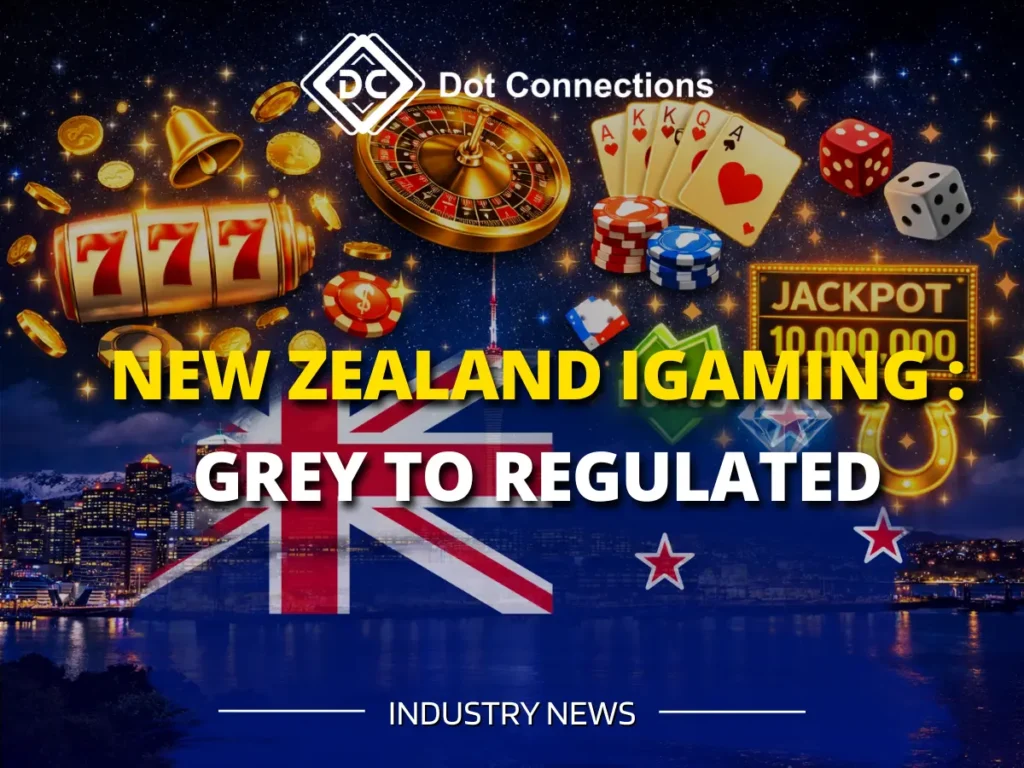 New Zealand iGaming grey to regulated industry news banner with Auckland skyline, casino symbols, New Zealand flag, and Dot Connections branding