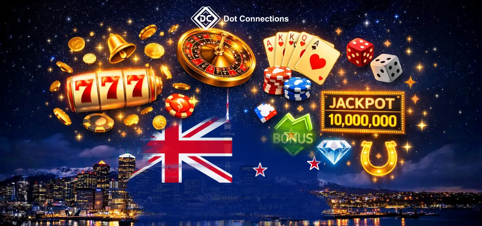 New Zealand iGaming market transition illustration with Auckland night skyline, casino symbols, slot machine, roulette wheel, cards, dice, and New Zealand flag